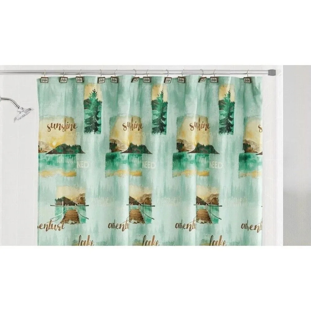 Mountain Lake Fabric Shower Curtain Teal Green Brown Fishing Boat Bath Gift NEW